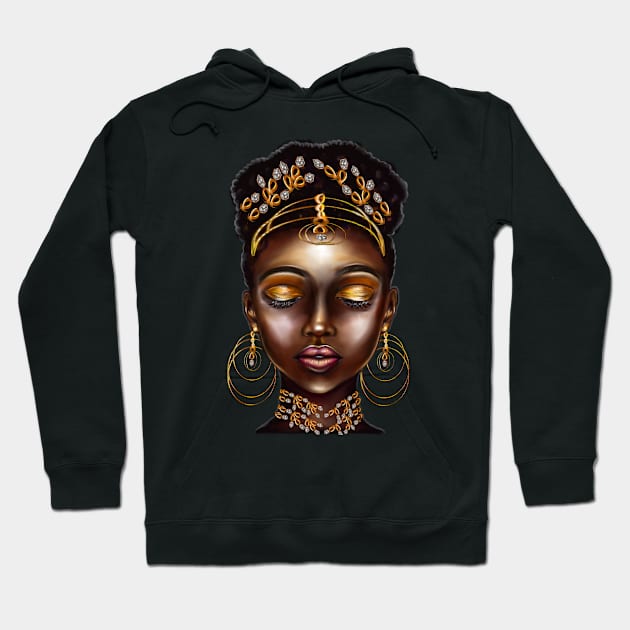 Queen Black empress beautiful black girl with Gold earrings, ornate headdress,  brown eyes looking  upwards and dark brown skin ! Hoodie by Artonmytee